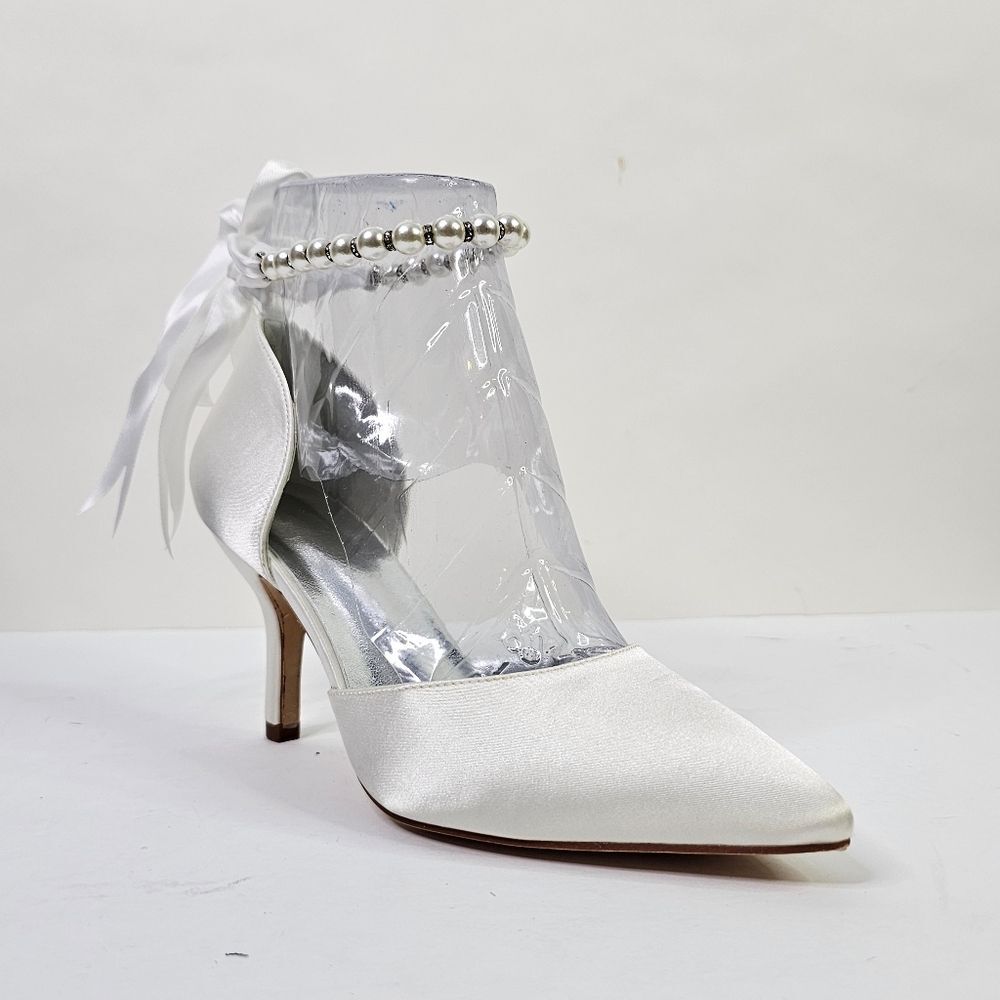 Elegant White Satin Heels with Pearl Ankle Strap